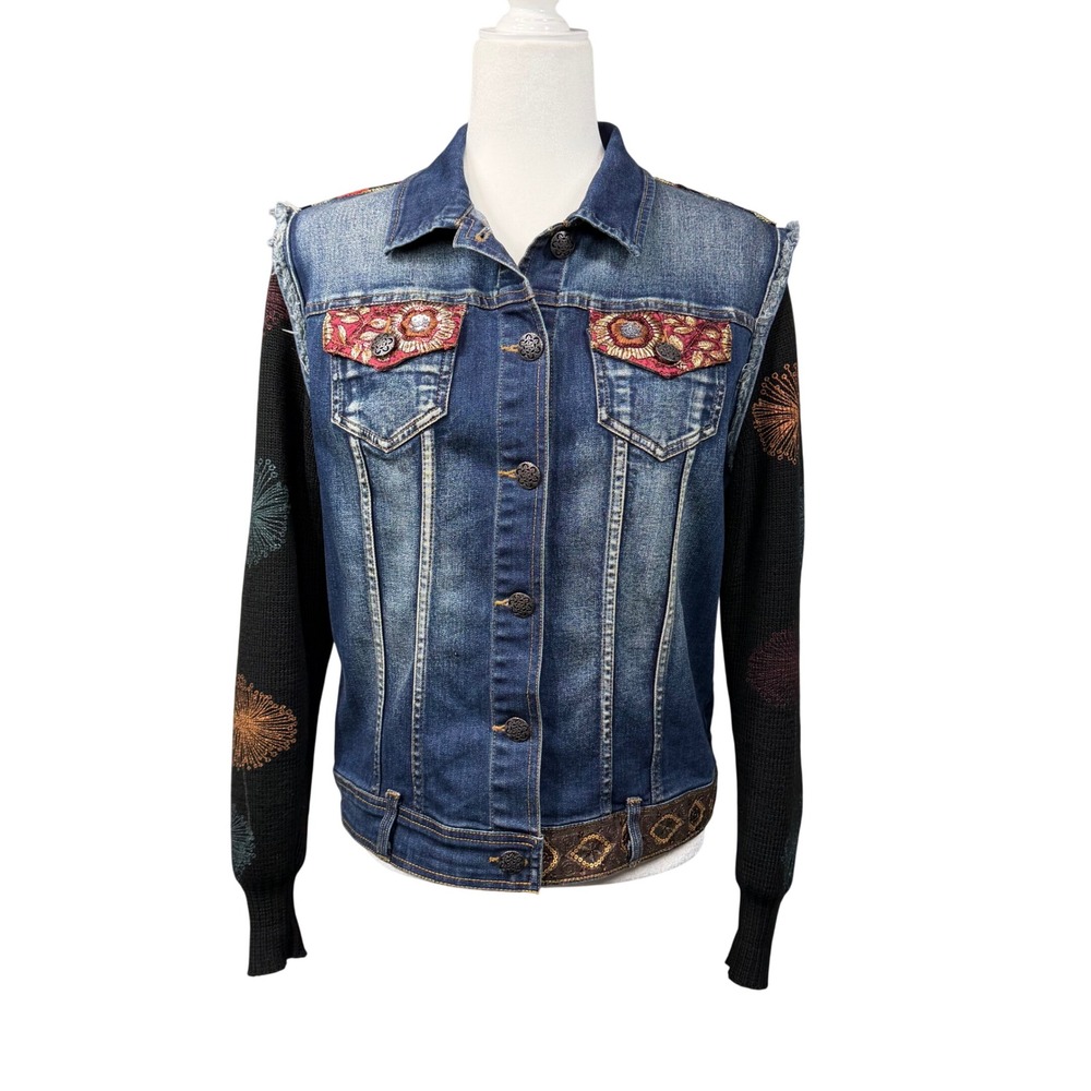 Montanaco Denim Jacket Women M Blue Embroidered Knit/Sweater Sleeve Boho Western